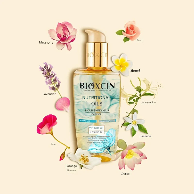Ulei hrănitor pentru păr Bioxcin Nutritional Oils cu uleiuri florale și vitamina B5, conceput pentru fortificarea vârfurilor uscate și redarea strălucirii naturale.